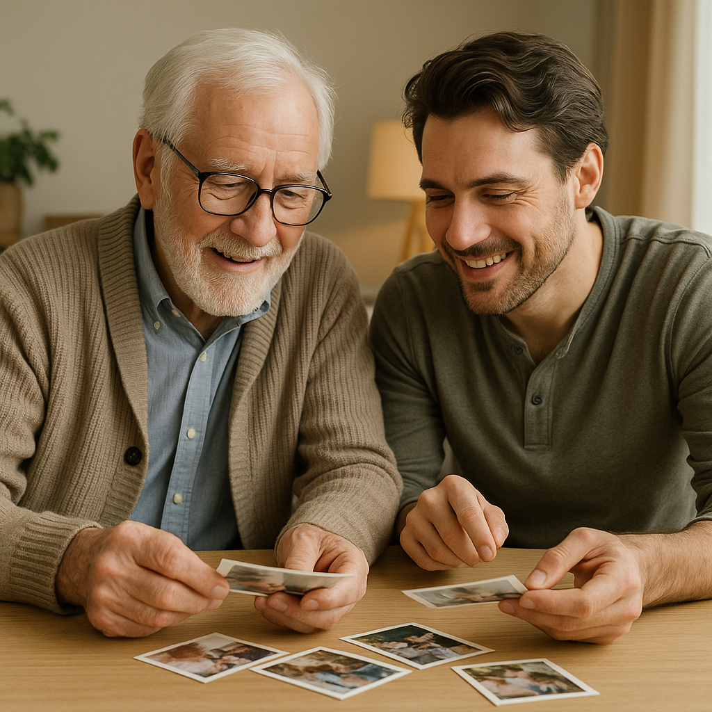 Father and son sharing time together looking at old photos.